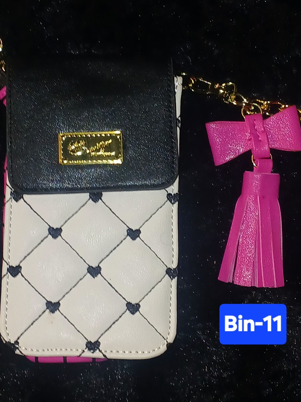 Betsey Johnson Black & Cream Quilted Mini Crossbody with Pink Tassel Bow